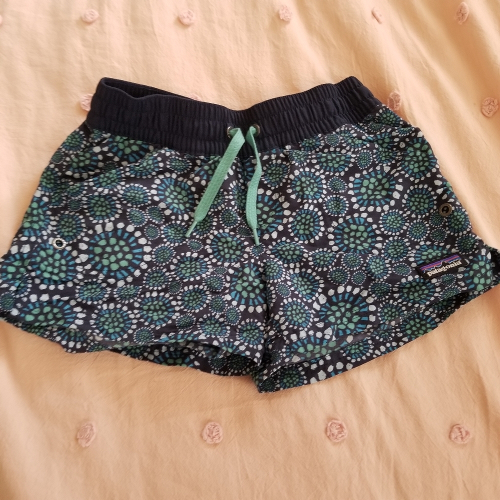 Patagonia Girls Athletic Shorts - Black and Green Mosaic